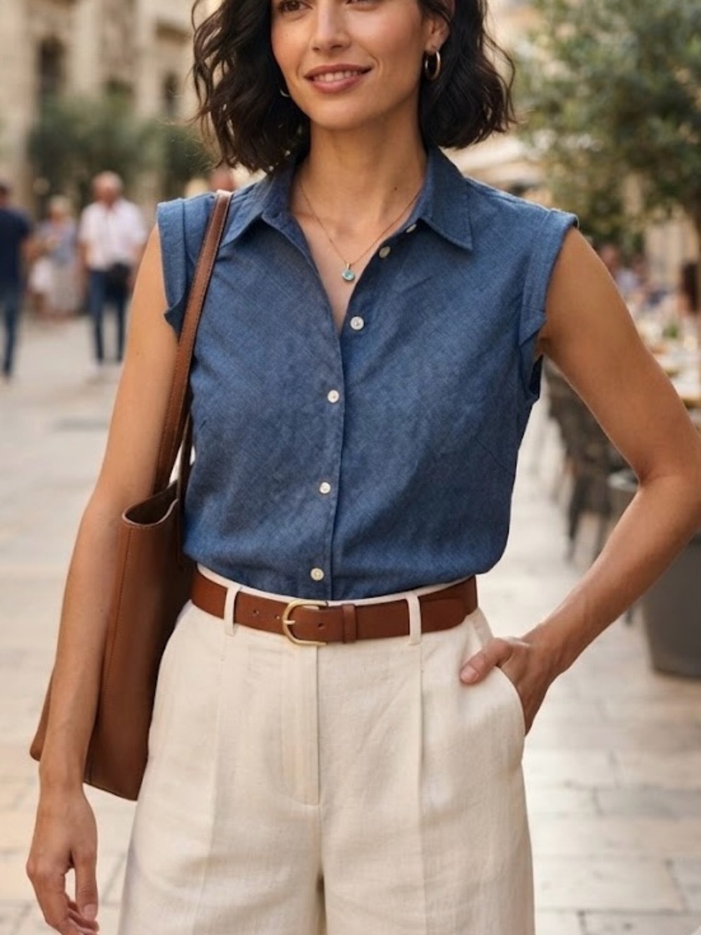 Gap Blue Chambray 100% Linen Sleeveless Button-Down Shirt Quite Luxury Chic
